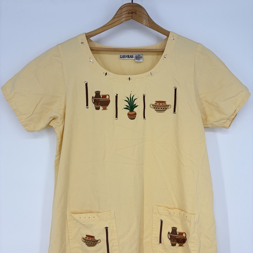 VTG Las Olas Maxi Dress L Cotton Embroidered Yellow 90's Shirt‎ Tassels Western
